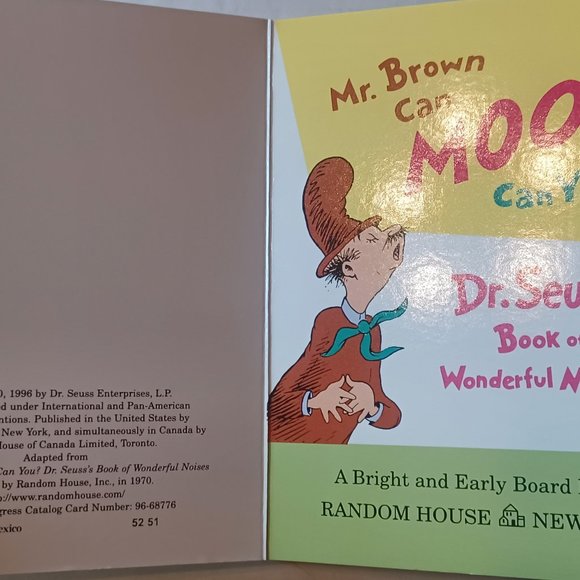 Mr.Brown Can Moo! Can You? Dr. Seuss's Book of Wonderful Noises 1996 Board Book - Picture 2 of 12